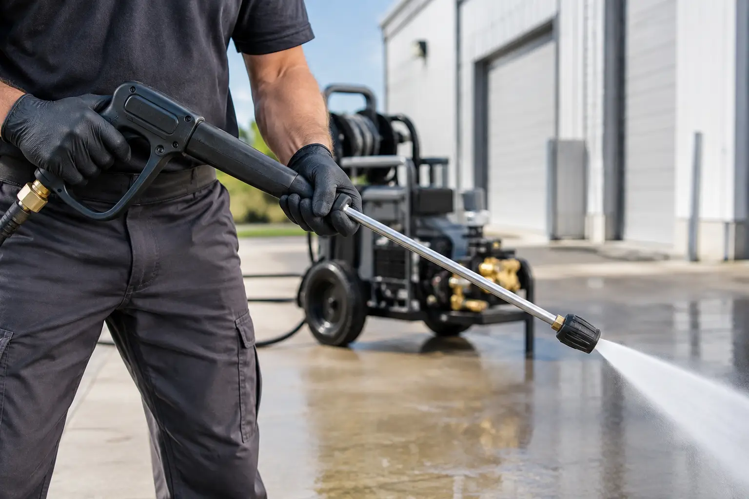Operator in work gloves holding a commercial trigger gun and lance, rinsing a concrete pad in front of a cold-water cart pressure washer