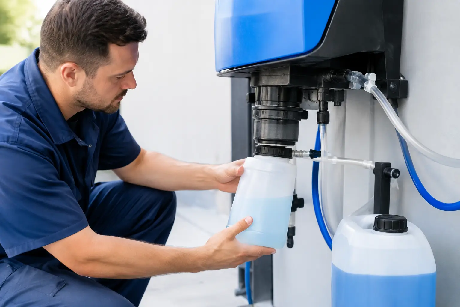 Technician in a navy work shirt servicing a wall-mounted chemical dosing unit, refilling a translucent canister of light blue chemical through the injector body