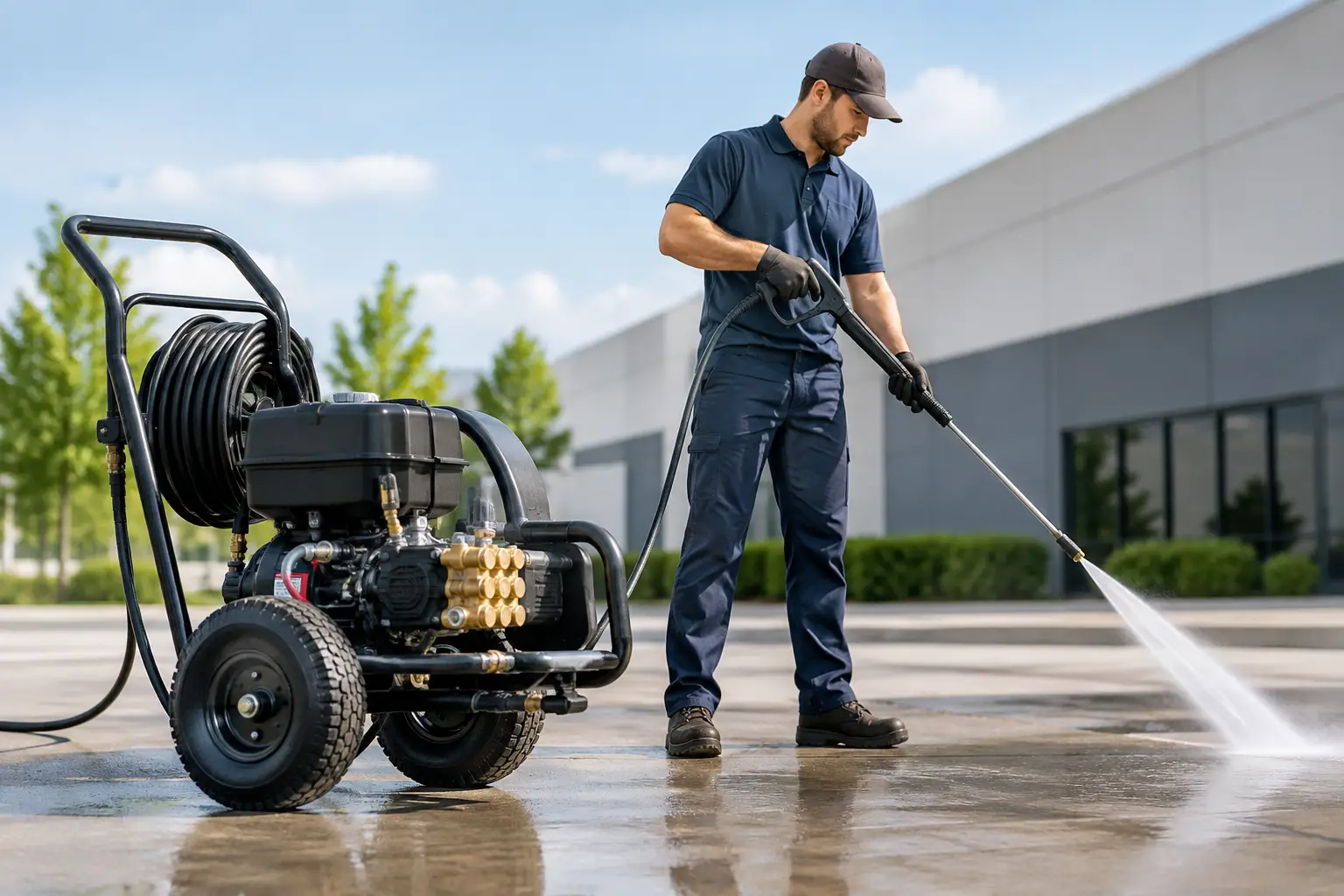 Technician cleaning a commercial concrete lot with a wheeled gas pressure washer and hose reel
