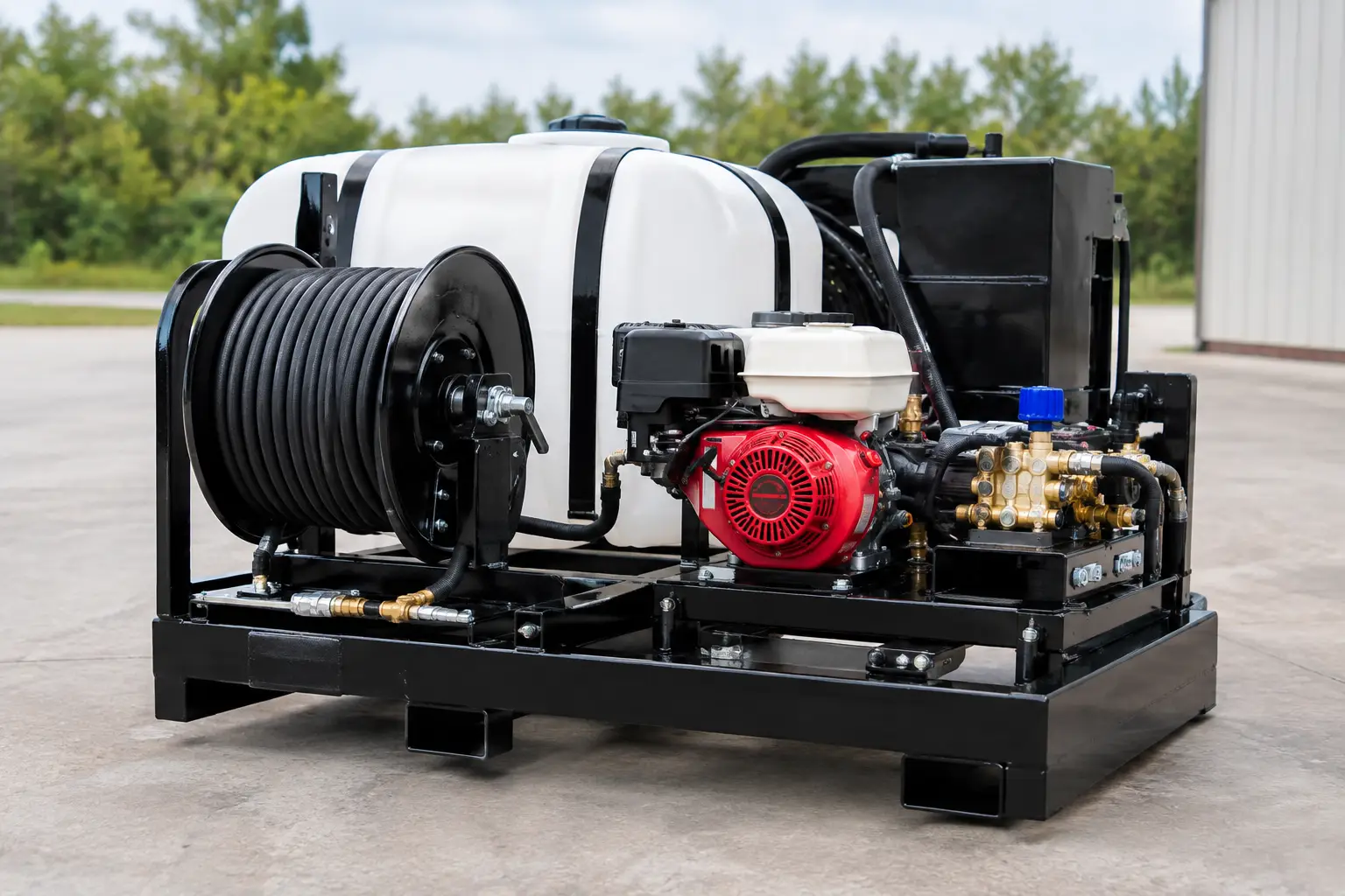 Black powder-coated pressure washer skid with a white poly buffer tank, Honda gas engine, triplex pump and a full high-pressure hose reel, parked on a concrete pad