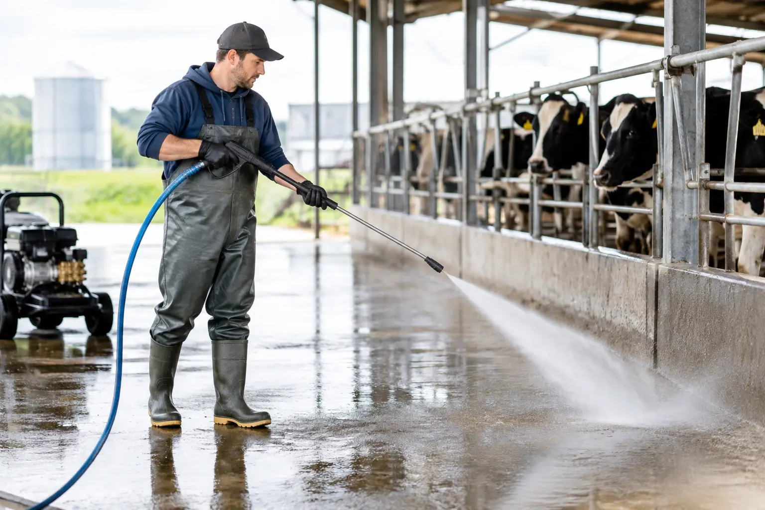 Farmhand in bib waders rinsing a concrete feed alley with a pressure washer wand beside a row of Holstein cows, cart-mounted washer behind him