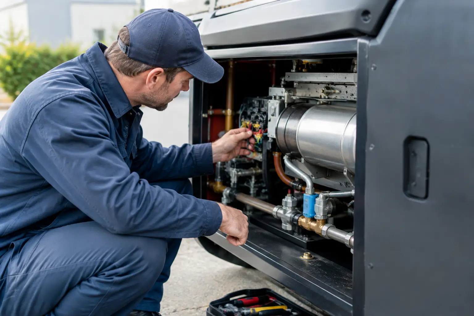 Technician checking the burner wiring and fuel controls inside the cabinet of a hot-water pressure washer