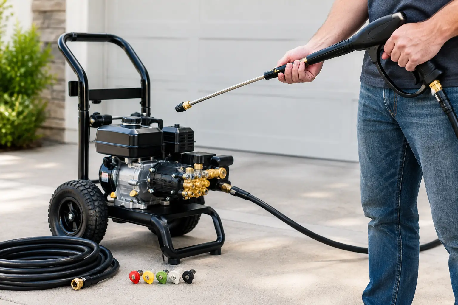 Gas pressure washer on a driveway with trigger gun, wand, hose and a set of color-coded quick-connect nozzles