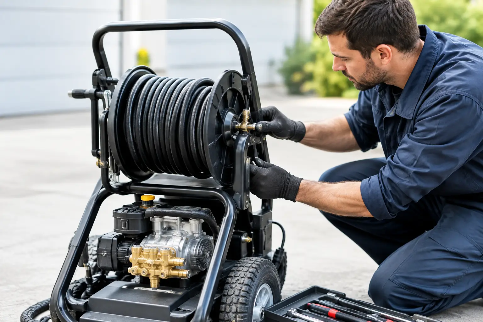 Technician in work gloves servicing the fittings on a cart-mounted pressure washer with a hose reel, toolbox beside him