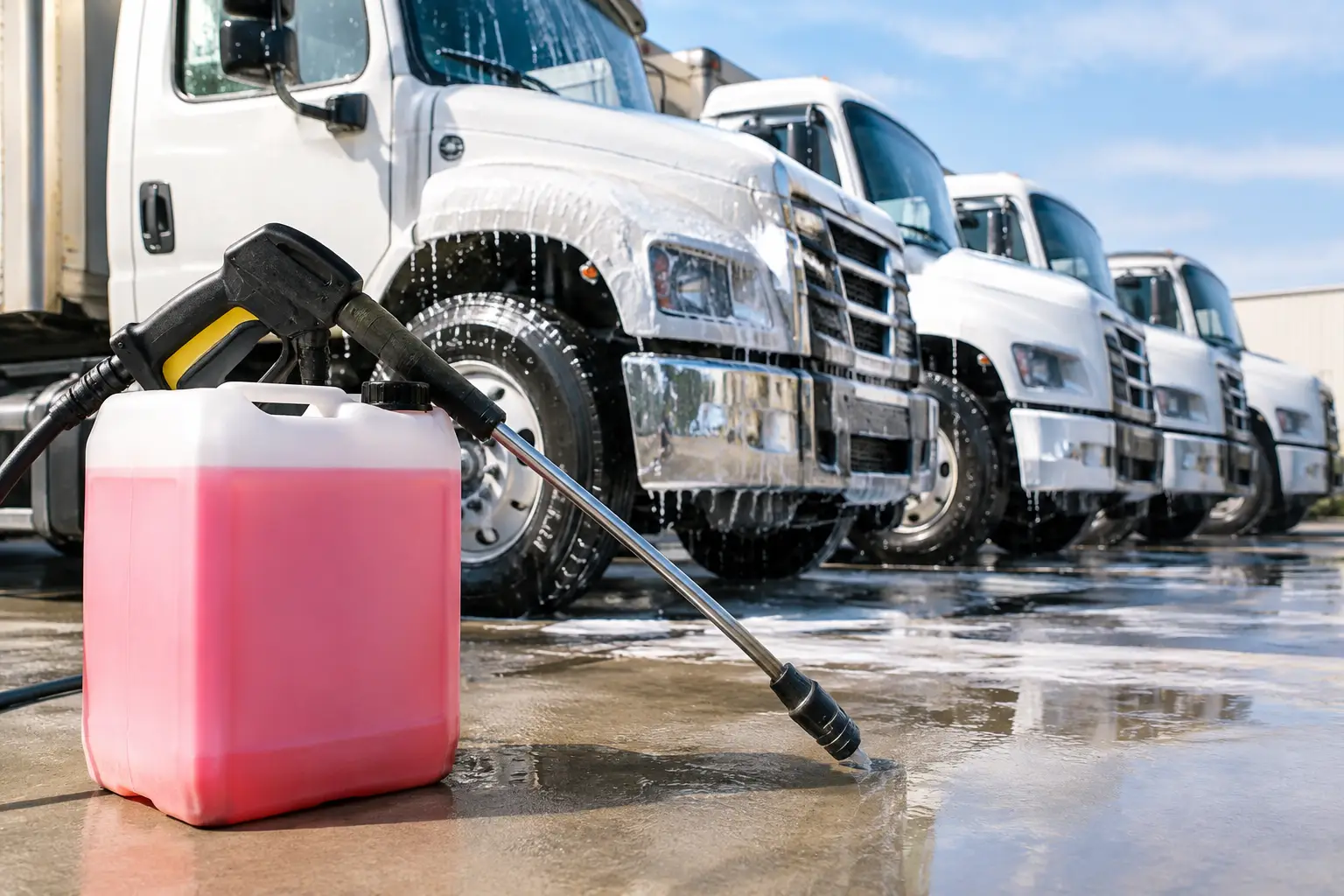 Jug of pink truck-wash detergent and a pressure washer wand in front of a row of white box trucks covered in foam