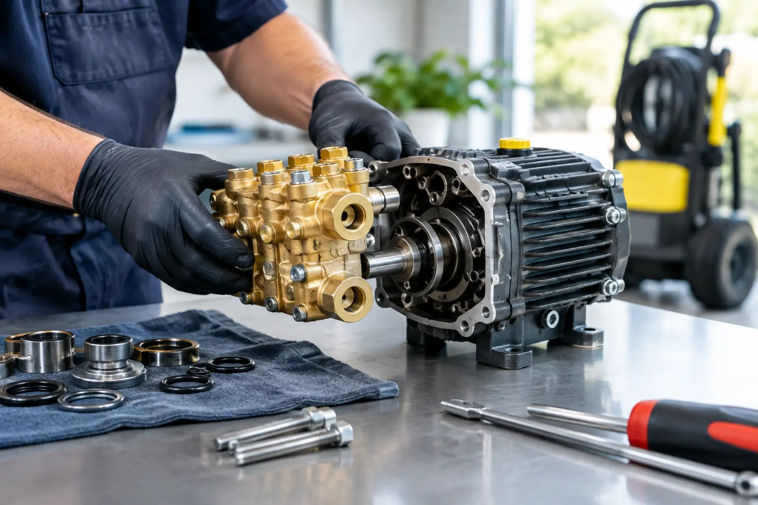 Technician fitting a brass triplex pump manifold to its crankcase on a workbench, with seals and packings laid out beside it