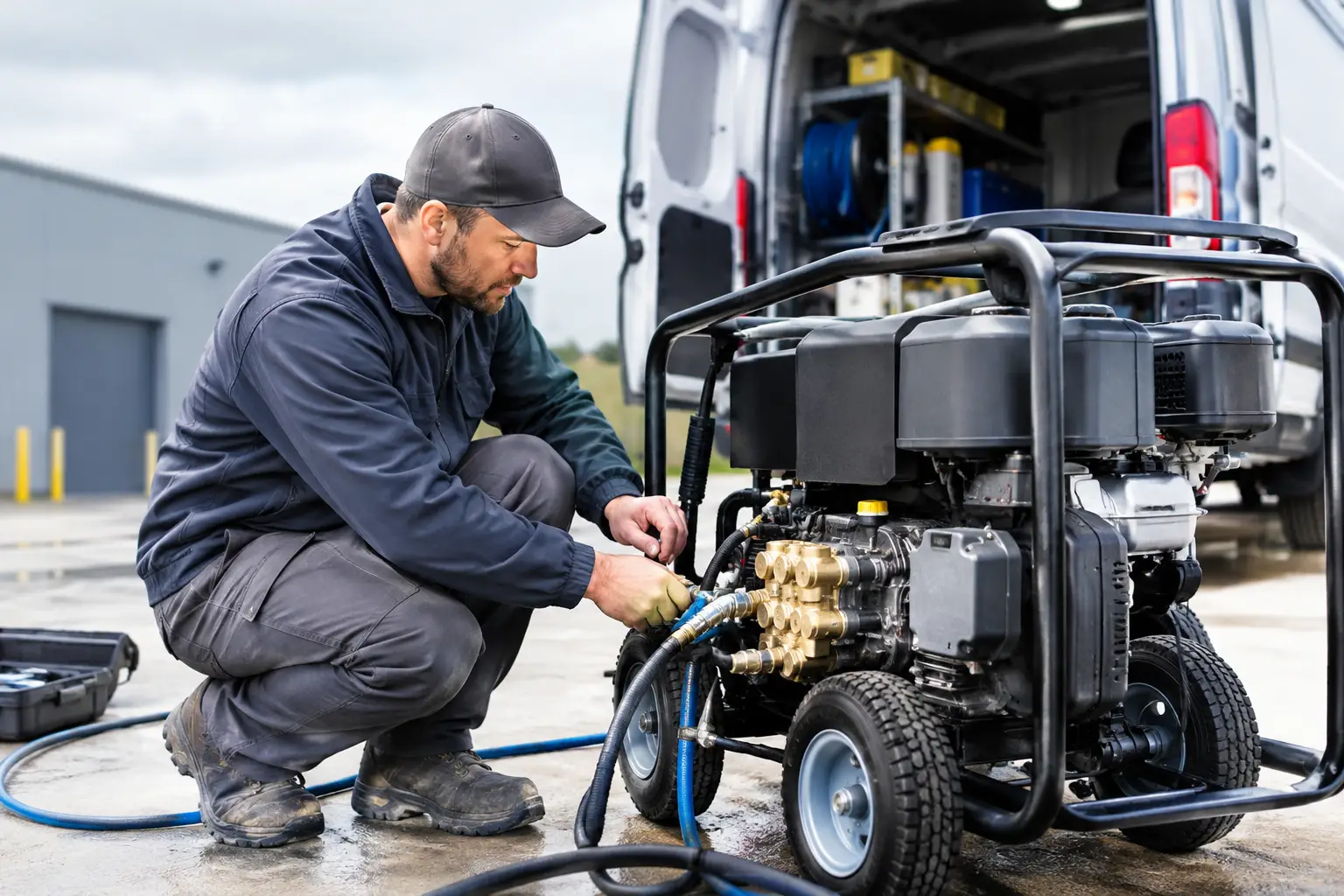 Technician crouched beside a gas pressure washer checking the hose connections at the pump manifold, with a service van open behind him