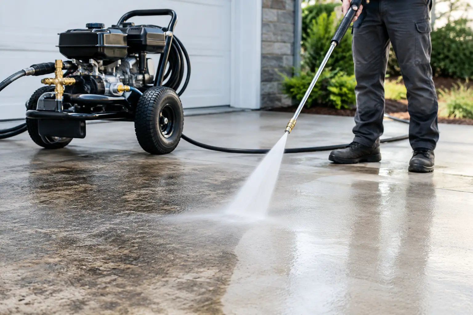 Operator cleaning a stained concrete driveway with a gas cold-water pressure washer, the clean wet strip showing against the dirty slab