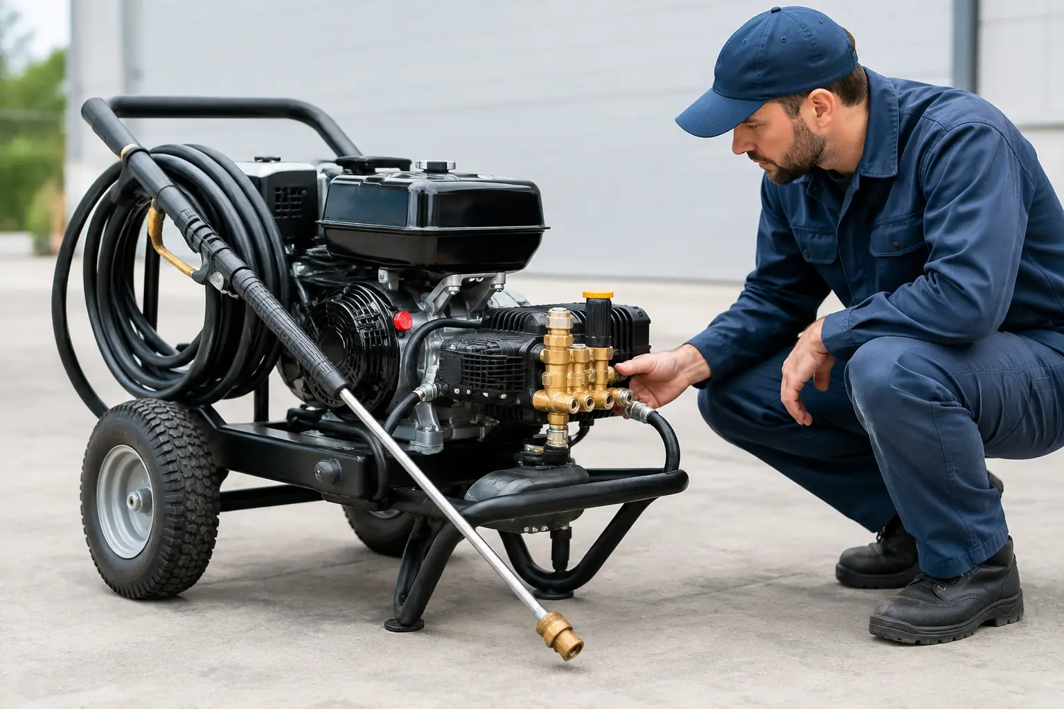 Technician in navy coveralls crouched beside a cart-mounted gas pressure washer, checking the brass pump manifold and unloader before buying it